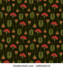 Motif harmonieux de feuilles de fraise, de baies viburnum et de lotus pods. Répéter le motif botanique. Illustration vectorielle.