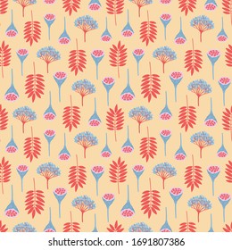 Motif harmonieux de feuilles de fraise, de baies viburnum et de lotus pods. Répéter le motif botanique. Illustration vectorielle.