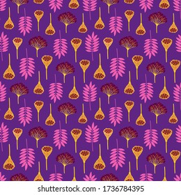Motif sans parfum avec feuilles de fraise, baies viburnum et lotus pods. Répéter le motif botanique. Illustration vectorielle.