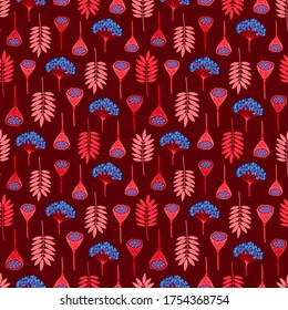 Motif harmonieux de feuilles de fraise, de baies viburnum et de lotus pods. Répéter le motif botanique. Illustration vectorielle.