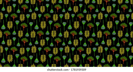 Seamless pattern with ashberry leaves, viburnum berries and lotus pods. Repeat botanical pattern. Vector illustration.