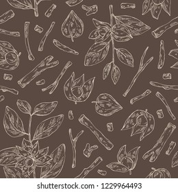 Seamless pattern with ashwagandha: branch, root and berries of withania somnifera . Cosmetic and medical plant. Vector hand drawn illustration. 