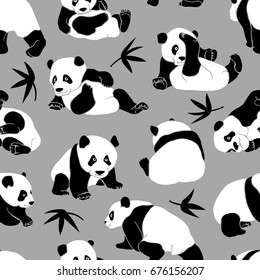 Seamless pattern with a asian bear (panda) and Bamboo leaves on a gray background. Vector illustration.