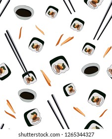 Seamless pattern for asian cafe. Korean traditional dish gimbap in chop sticks with soy sauce. Korean sushi. Vector hand drawn pattern for your business and design.