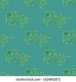 Seamless pattern of an Asian Chinese dragon on a green background. Vector image esp 10