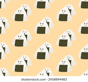 Seamless pattern with Asian cuisine dish onigiri. Template for fabric, textile, wallpaper, paper, packaging. Vector illustration