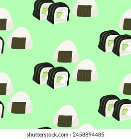 Seamless pattern with Asian cuisine dish onigiri and rolls. Template for fabric, textile, wallpaper, paper, packaging. Vector illustration
