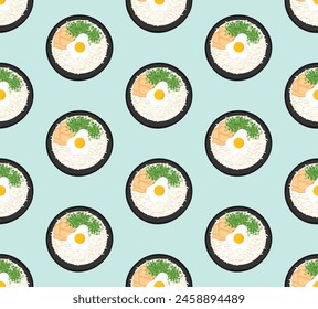 Seamless pattern with Asian cuisine dish rice with egg. Template for fabric, textile, wallpaper, paper, packaging. Vector illustration
