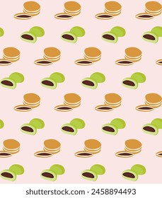 Seamless pattern with Asian cuisine dish dorayaki and manju. Template for fabric, textile, wallpaper, paper, packaging. Vector illustration