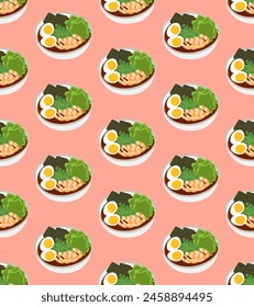 Seamless pattern with Asian cuisine dish ramen with shrimp. Template for fabric, textile, wallpaper, paper, packaging. Vector illustration