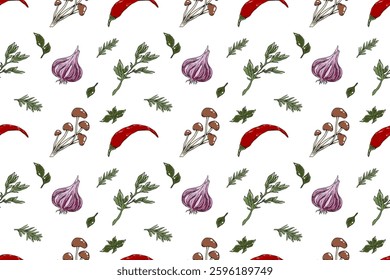 Seamless pattern with Asian cuisine ingredients: mushrooms (enoki, shimeji, porcini), chili peppers, garlic, basil, rosemary, and leaves. Hand drawn illustration for packaging, textiles, backgrounds.