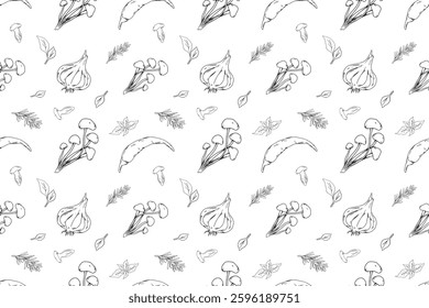 Seamless pattern with Asian cuisine ingredients: mushrooms (enoki, shimeji, porcini), chili peppers, garlic, basil, rosemary, and leaves. Hand drawn illustration for packaging, textiles, backgrounds.