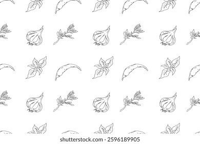 Seamless pattern with Asian cuisine ingredients: chili peppers, garlic, basil, rosemary, and leaves. Hand drawn illustration for packaging, textiles, backgrounds.