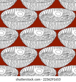 Seamless pattern and Asian cuisine noodle soup illustration red background