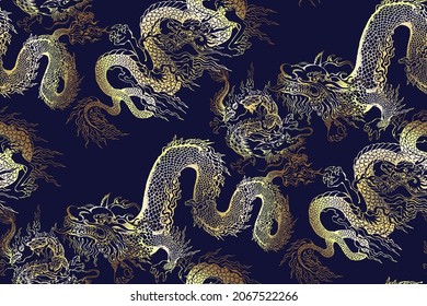 Seamless pattern. Asian dragon. Blue and gold coloring.