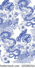 Seamless pattern of asian dragon and flowers. In style Toile de Jou. Suitable for fabric, mural, wrapping paper and the like.