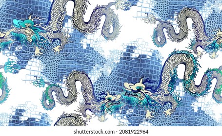 Seamless pattern. Asian dragon on the background of crocodile skin. 