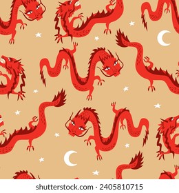 Seamless pattern with asian dragons. Chinese lunar new year. Vector flat background