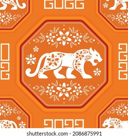 Seamless pattern with Asian elements on color background for happy Chinese new year of the Tiger 2022, flyers, poster and banner, (translate : Chinese happy new year, 2022)