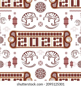 Seamless pattern with Asian elements on color background for happy Chinese new year of the Tiger 2022, flyers, poster and banner, (translate : Chinese happy new year, 2022)