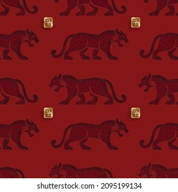 Seamless pattern with Asian elements on color background for happy Chinese new year of the Tiger 2022, flyers, poster and banner, (translate : Chinese happy new year, 2022)