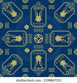 Seamless pattern with Asian elements on color background for happy Chinese new year of the Rabbit 2023, flyers, poster and banner, (translate : Chinese happy new year, 2023)