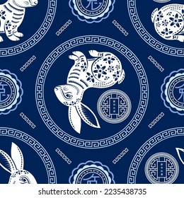 Seamless pattern with Asian elements on color background for happy Chinese new year of the Rabbit 2023, flyers, poster and banner, (translate : Chinese happy new year, 2023)