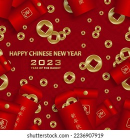 Seamless pattern with Asian elements on color background for happy Chinese new year of the Rabbit 2023, flyers, poster and banner, (translate : Chinese happy new year, 2023)