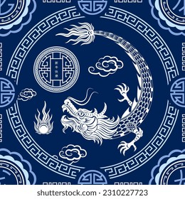 Seamless pattern with Asian elements on color background for happy Chinese new year of the Dragon 2024, flyers, poster and banner, (translate : Chinese happy new year, 2024)