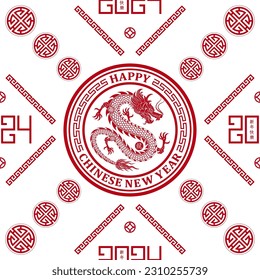 Seamless pattern with Asian elements on color background for happy Chinese new year of the Dragon 2024, flyers, poster and banner, (translate : Chinese happy new year, 2024)