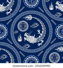 Seamless pattern with Asian elements on color background for happy Chinese new year of the Dragon 2024, flyers, poster and banner, (translate : Chinese happy new year, 2024)