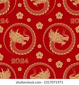 Seamless pattern with Asian elements on color background for happy Chinese new year of the Dragon 2024, flyers, poster and banner, (translate : Chinese happy new year, 2024)