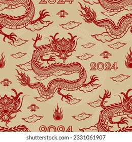 Seamless pattern with Asian elements on color background for happy Chinese new year of the Dragon 2024, flyers, poster and banner, (translate : Chinese happy new year, 2024)