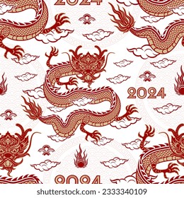 Seamless pattern with Asian elements on color background for happy Chinese new year of the Dragon 2024, flyers, poster and banner, (translate : Chinese happy new year, 2024)