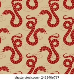 Seamless pattern with Asian elements on color background for happy Chinese new year of the Snake 2025, flyers, poster and banner, (translate : Chinese happy new year, 2025)