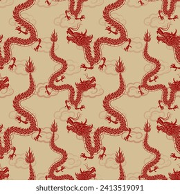 Seamless pattern with Asian elements on color background for happy Chinese new year of the Dragon 2024, flyers, poster and banner, (translate : Chinese happy new year, 2024)