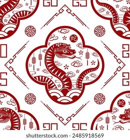 Seamless pattern with Asian elements on color background for happy Chinese new year of the Snake 2025, flyers, poster and banner, (translate : Chinese happy new year, 2025)