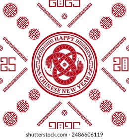 Seamless pattern with Asian elements on color background for happy Chinese new year of the Snake 2025, flyers, poster and banner, (translate : Chinese happy new year, 2025)