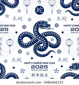 Seamless pattern with Asian elements on color background for happy Chinese new year of the Snake 2025, flyers, poster and banner, (translate : Chinese happy new year, 2025)