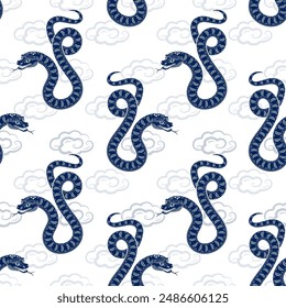 Seamless pattern with Asian elements on color background for happy Chinese new year of the Snake 2025, flyers, poster and banner, (translate : Chinese happy new year, 2025)