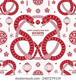 Seamless pattern with Asian elements on color background for happy Chinese new year of the Snake 2025, flyers, poster and banner, (translate : Chinese happy new year, 2025)