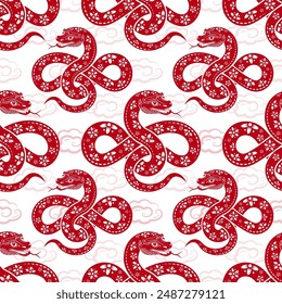 Seamless pattern with Asian elements on color background for happy Chinese new year of the Snake 2025, flyers, poster and banner, (translate : Chinese happy new year, 2025)