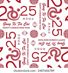 Seamless pattern with Asian elements on color background for happy Chinese new year of the Snake 2025, flyers, poster and banner, (translate : Chinese happy new year, 2025)