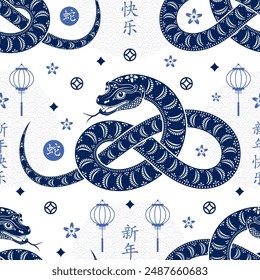 Seamless pattern with Asian elements on color background for happy Chinese new year of the Snake 2025, flyers, poster and banner, (translate : Chinese happy new year, 2025)