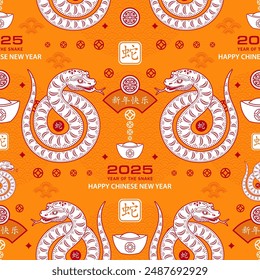 Seamless pattern with Asian elements on color background for happy Chinese new year of the Snake 2025, flyers, poster and banner, (translate : Chinese happy new year, 2025)