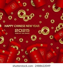 Seamless pattern with Asian elements on color background for happy Chinese new year of the Snake 2025, flyers, poster and banner, (translate : Chinese happy new year, 2025)