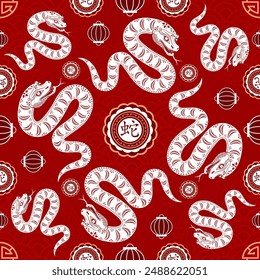 Seamless pattern with Asian elements on color background for happy Chinese new year of the Snake 2025, flyers, poster and banner, (translate : Chinese happy new year, 2025)