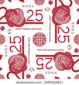 Seamless pattern with Asian elements on color background for happy Chinese new year of the Snake 2025, flyers, poster and banner, (translate : Chinese happy new year, 2025)