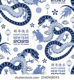 Seamless pattern with Asian elements on color background for happy Chinese new year of the Snake 2025, flyers, poster and banner, (translate : Chinese happy new year, 2025)