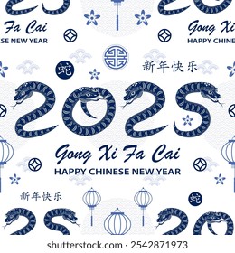 Seamless pattern with Asian elements on color background for happy Chinese new year of the Snake 2025, flyers, poster and banner, (translate : Chinese happy new year, 2025)